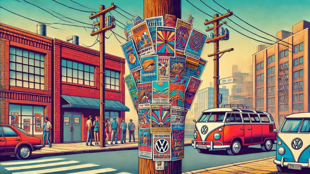 a telephone pole with colorful fliers and volkswagon vans parked on the street out front. It's a creative way to show podcast advertising