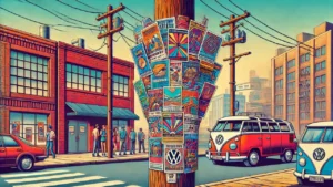 a telephone pole with colorful fliers and volkswagon vans parked on the street out front. It's a creative way to show podcast advertising