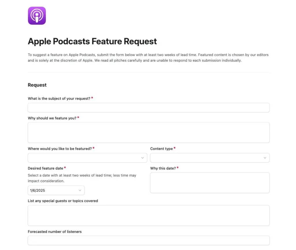 the form for getting your show featured on apple podcasts