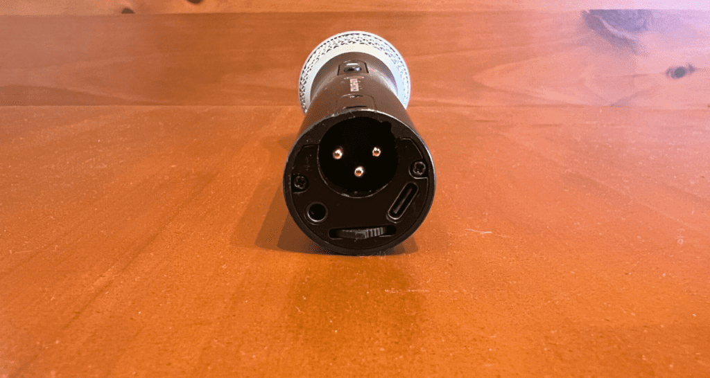 The connections on the bottom of the ATR2100x USB microphone