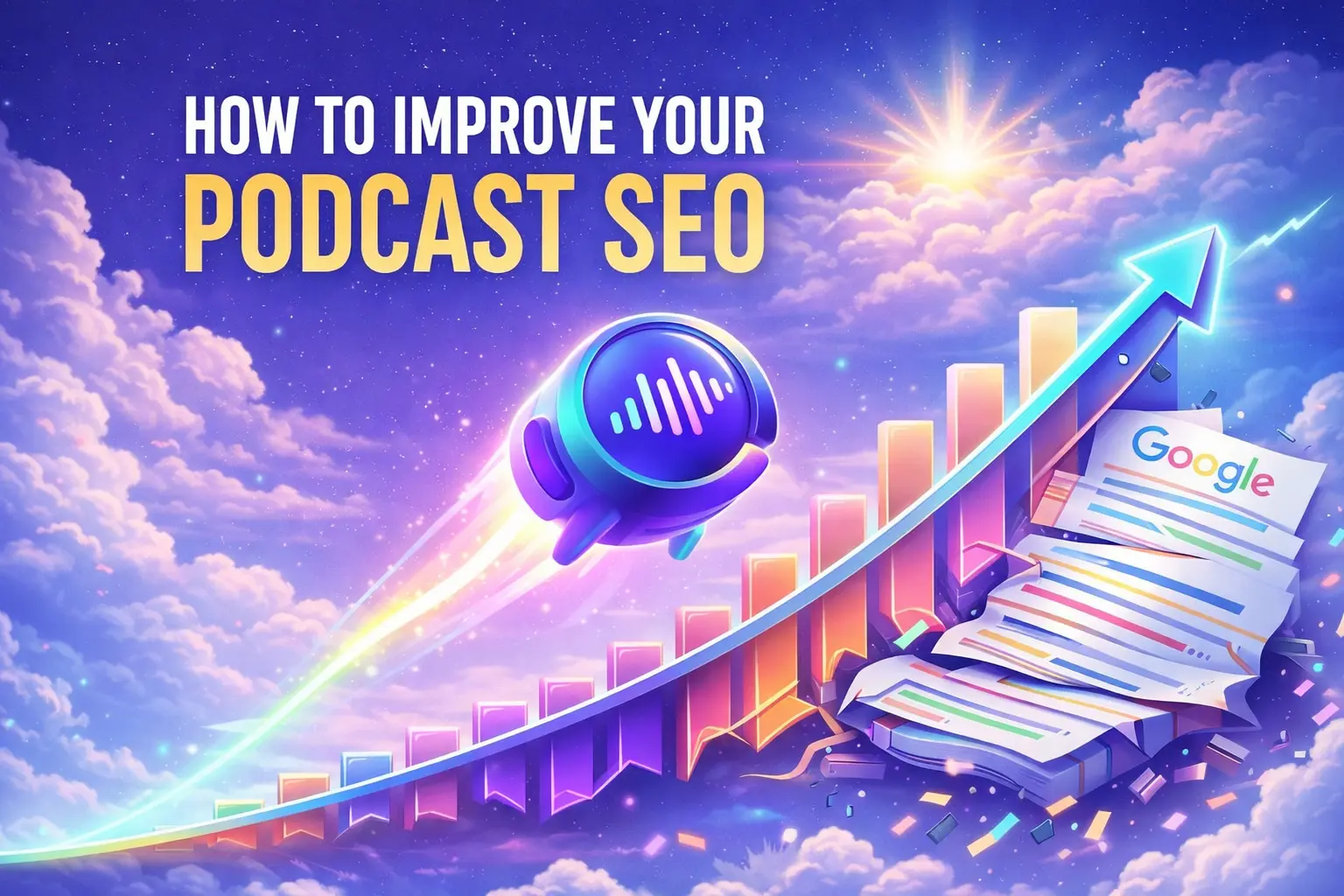 How to improve your podcast SEO illustrated with futuristic growth graph and voice icon breaking through search results