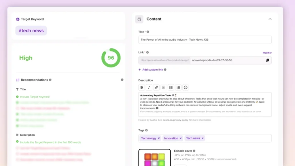 Ausha PSO tool interface optimizing podcast episode metadata to improve podcast SEO