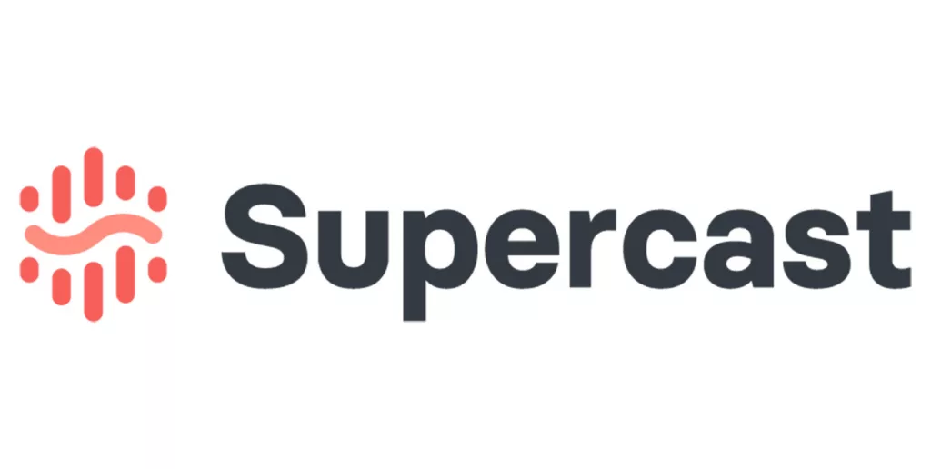 the word supercast spelled out in navy blue with a white background