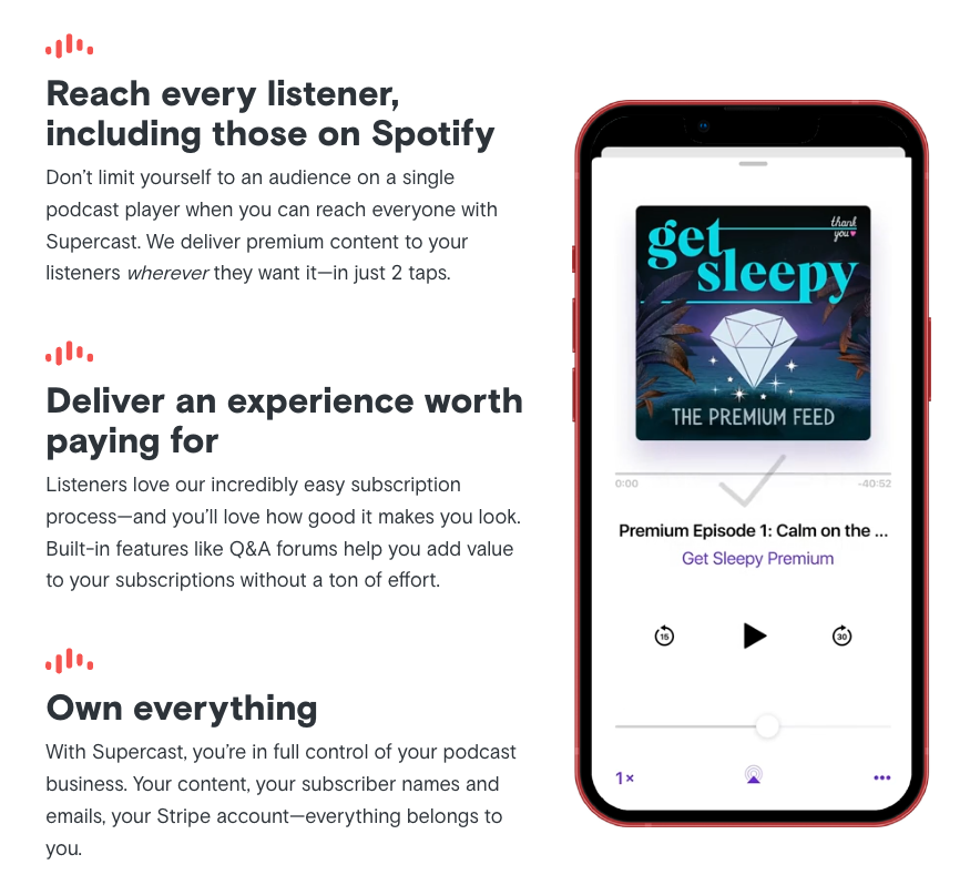 a photo of an iphone with the "get sleepy" podcast playing. Next to it is some copy explaining some of how supercast works