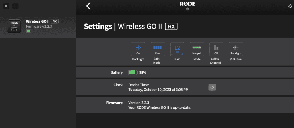 a screen shot of the rode central app integration with the rode wireless go 2