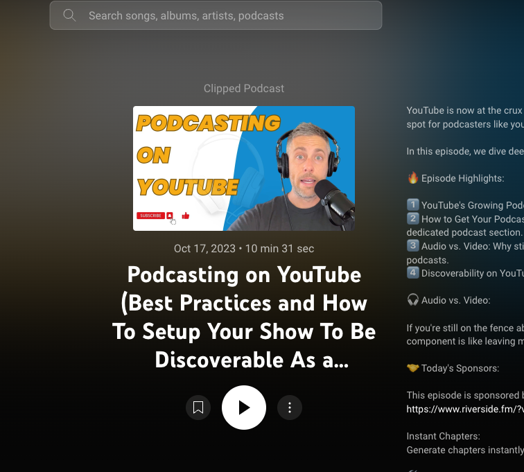black background with a video podcast thumbnail, next to the episode description. there's a media player in the bottom left.