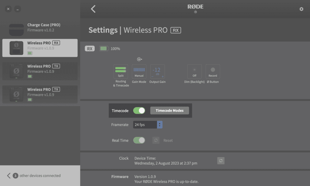 a screen shot of how to turn on timecode in the rode central app