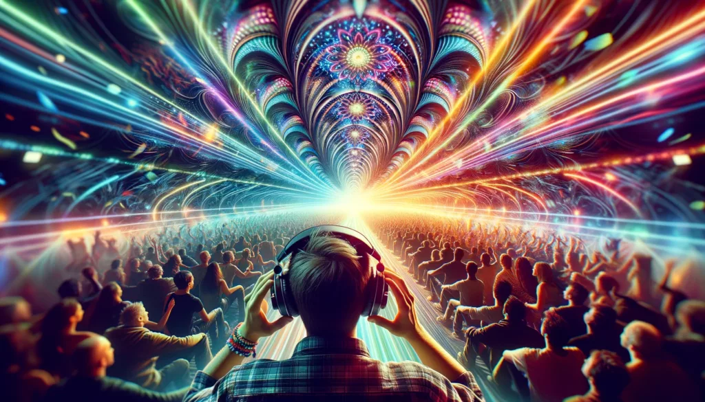 people at a rave experiencing ambisonic audio. The colors are psychedelic and there's a person with headphones staring into the abyss surrounded by a big crowd.