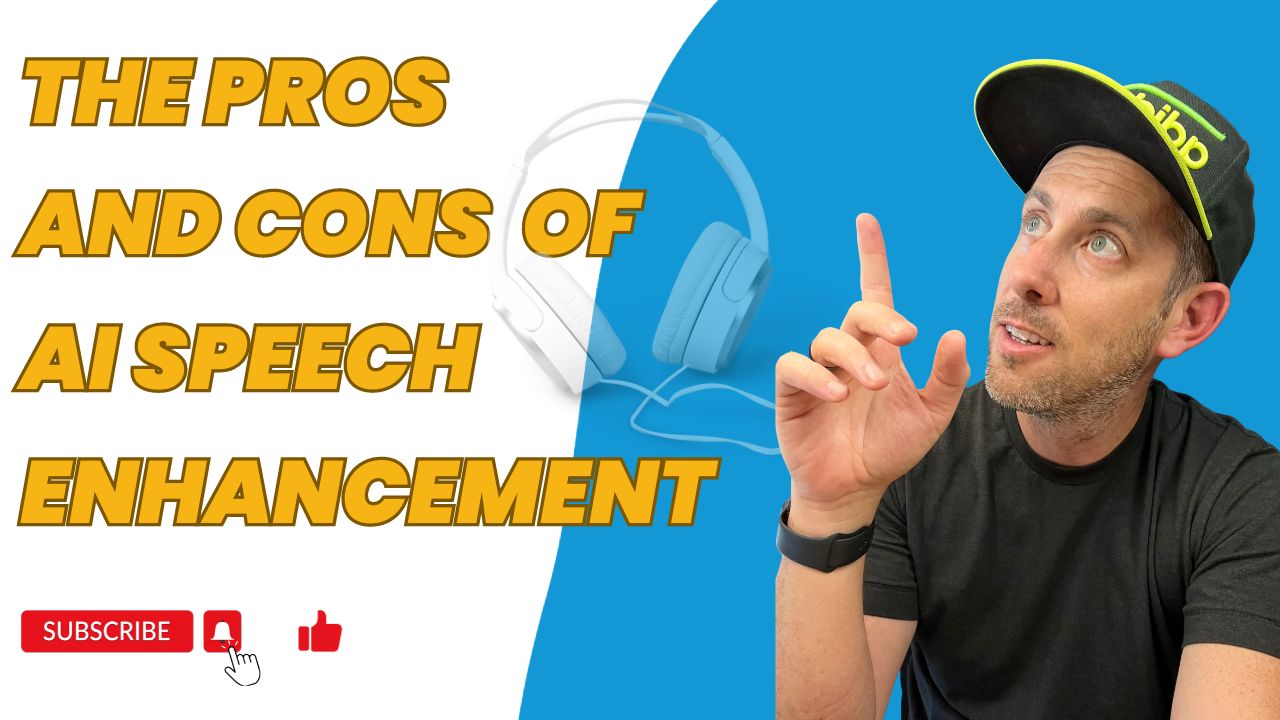 Eric Montgomery pointing up at the podcast episode title which is written in yellow, and says "the pros and cons of ai speech enhancement".