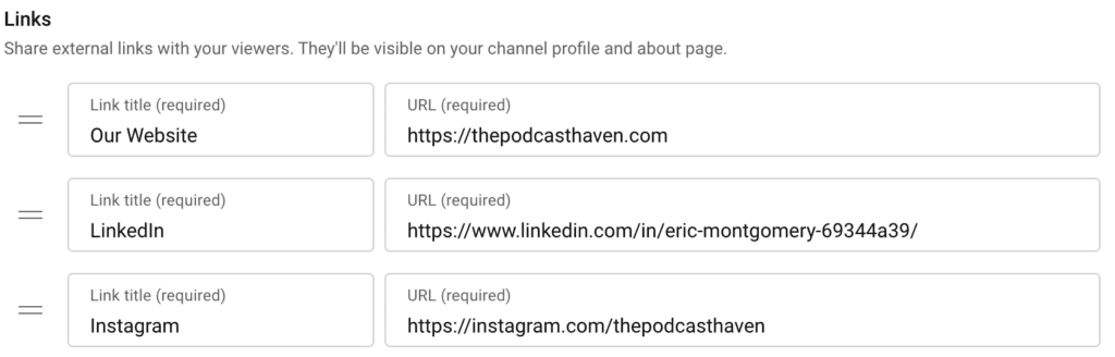 this image is a screenshot of what the dashboard looks like for adding links to additional social media pages from within your youtube account