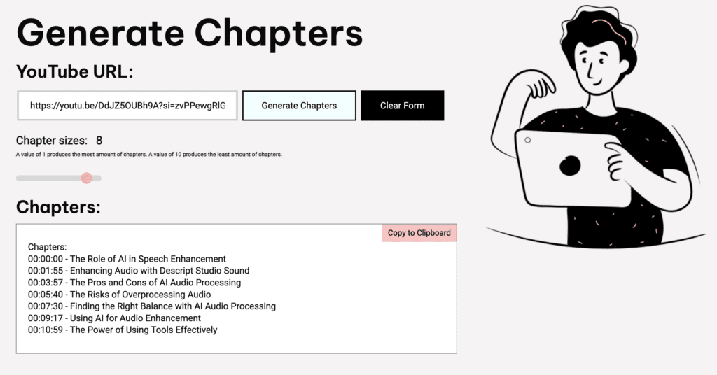 It shows the reader how to use instant chapters to start a youtube podcast. it's a shot of instant chapters dashboard
