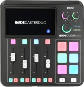 RØDECaster Duo podcast production console with faders, sound pads, and audio controls