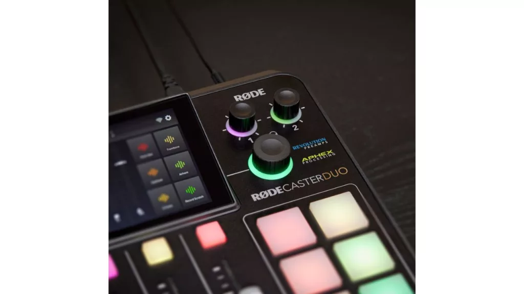 the rodecaster duo sound pads, volume controls and touch screen