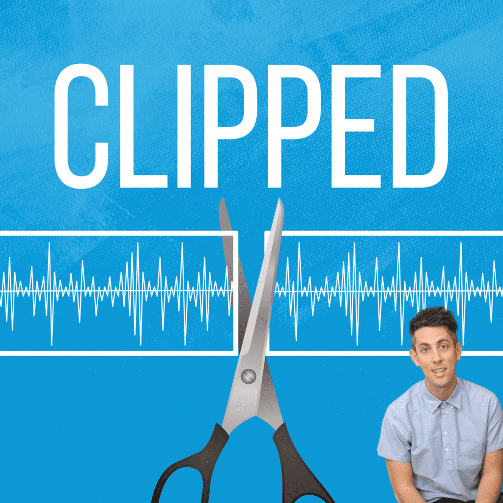 CLIPPED podcast cover art. It's a blue background with black scissors cutting a wav form, as well as a picture of Eric Montgomery. When figuring out how much does it cost to start a podcast, cover art fees need to be added to the budget.