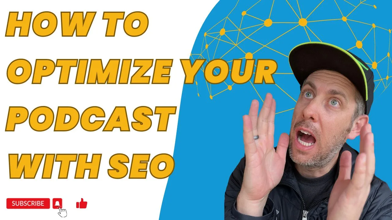 Eric Montgomery throwing his hands up at the title of this episode of CLIPPED. The episode is called - How To Optimize Your Podcast For SEO: The Written Content Advantage. The text is yellow and the background is blue.