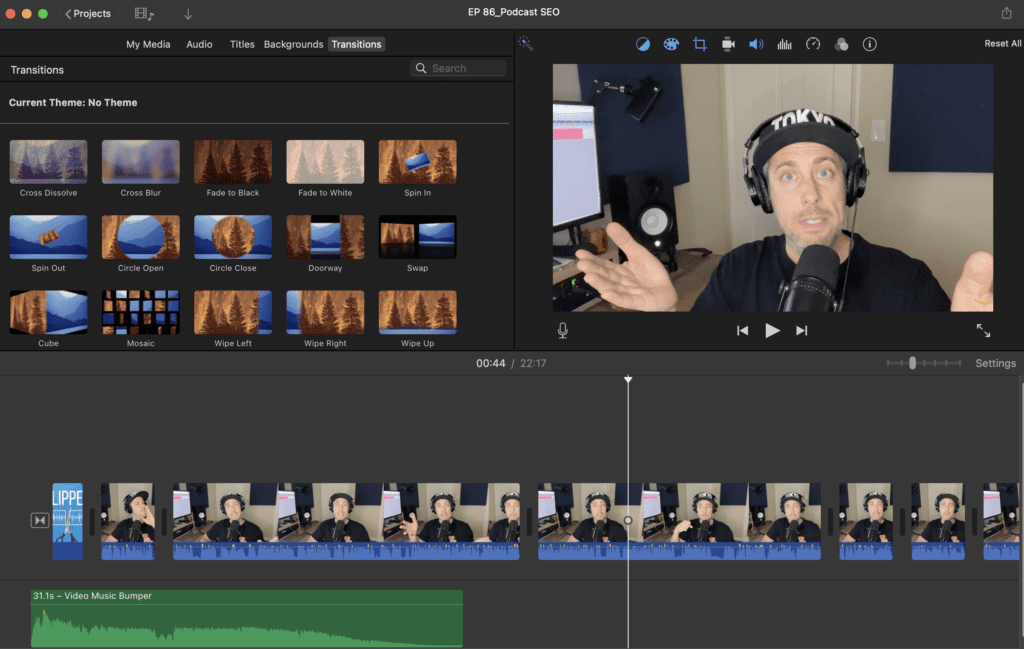A screen shot of an imovie video podcast editing session
