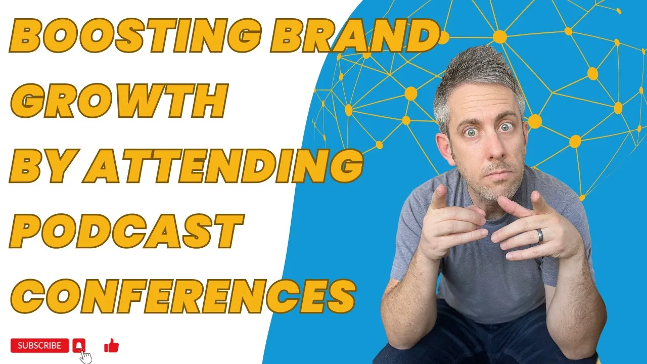 yellow text with the title of episode 85 of CLIPPED - "Boosting Brand Growth By Attending Podcast Conferences". Next to the text there's a picture of our founder Eric Montgomery, the host of the show.