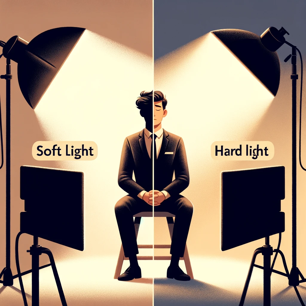 showing the difference between soft light and hard light on a male subject on a youtube set