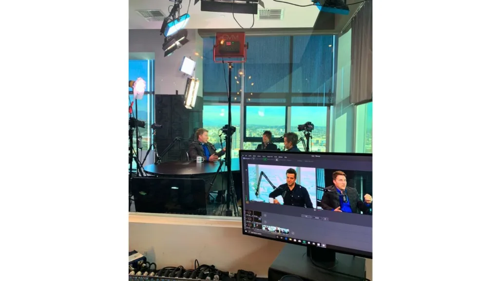 the show what being a producer looks like from a studio perspective. a podcast producer may sit on the other side of the glass and direct the session via a talkback microphone.