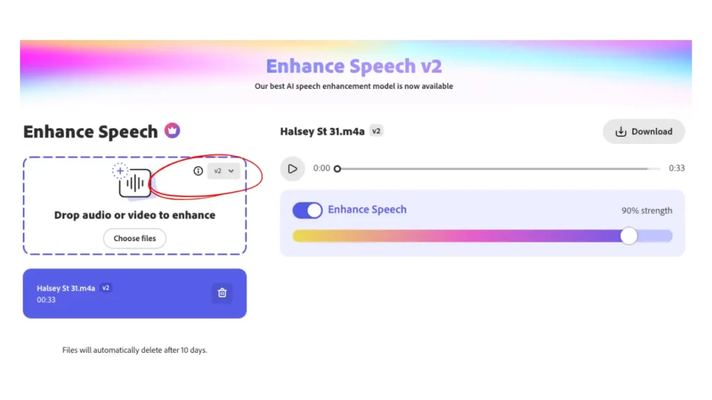 to show where to find the v2 when using adobe speech enhancement