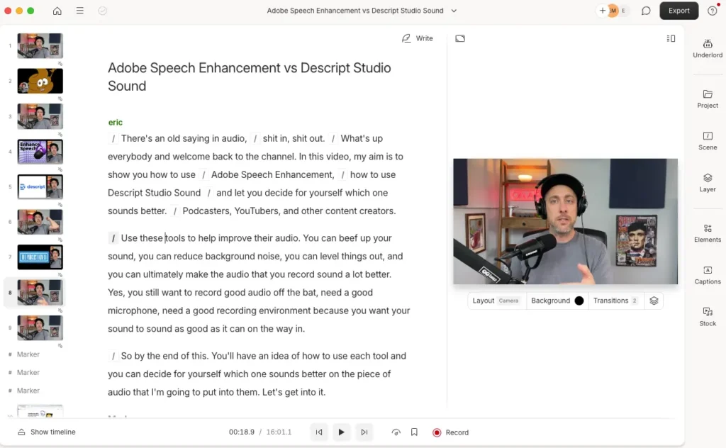 Descript video editing interface showing transcript and video preview