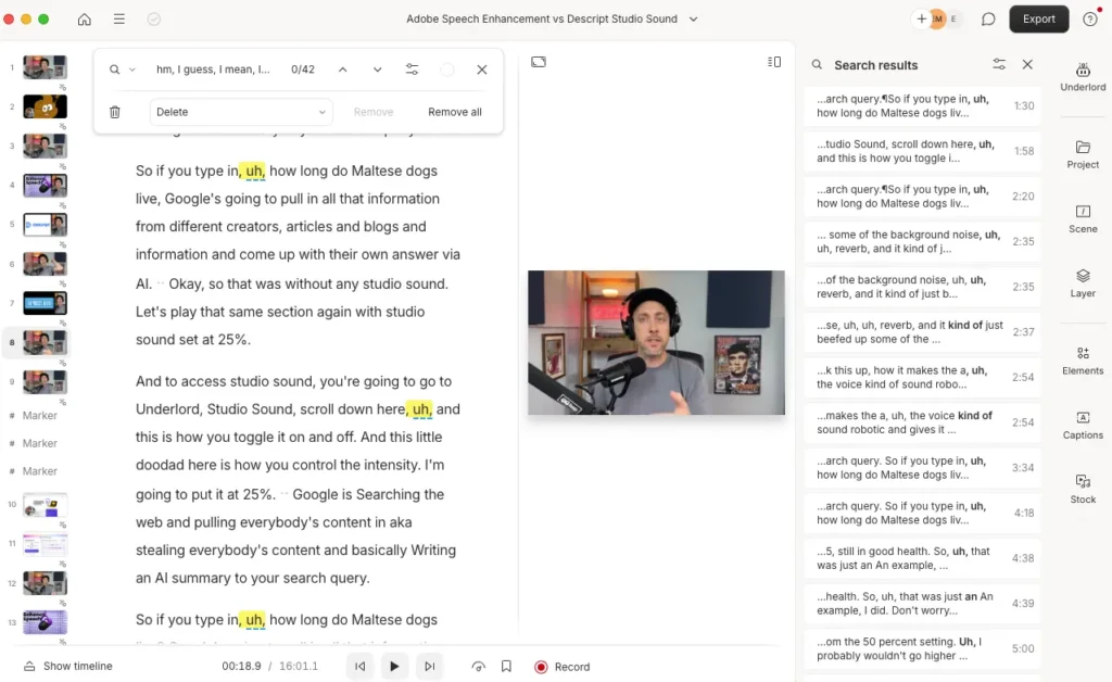 Editing screen showing a transcript with filler words like 'uh' highlighted for removal alongside a video preview