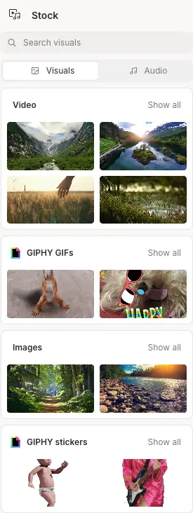 Stock media library showing options for videos, GIFs, images, and stickers
