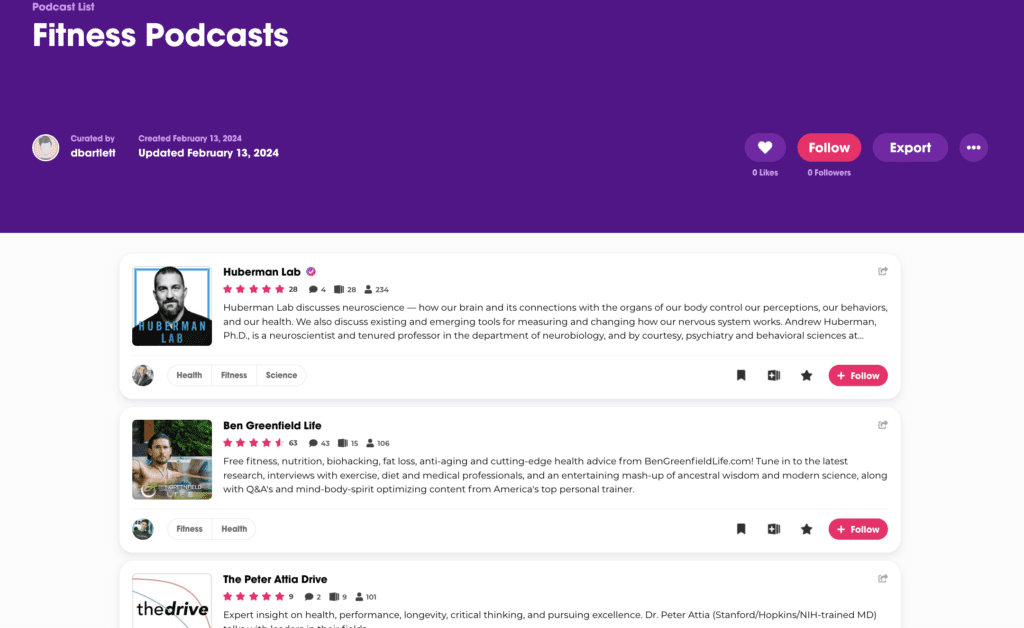 Podchaser's "list" feature