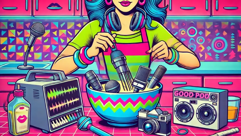 A stylish woman in a vibrant, retro 90s-style kitchen stirs a mixing bowl filled with microphones, cameras, audio waveforms, and headphones, playfully blending content creation tools like baking ingredients. The scene features bold neon colors, geometric shapes, and nostalgic patterns, emphasizing a fun and creative podcasting concept.