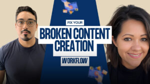 Podcast thumbnail featuring Fran Melo on the left and Taly Melo with long dark hair on the right, both facing forward and smiling slightly. Bold text in the center reads 'Fix Your Broken Content Creation Workflow' in white and navy blue. Background includes a navy blue triangle with digital icons and a beige outer backdrop. They are the founders of Northflow