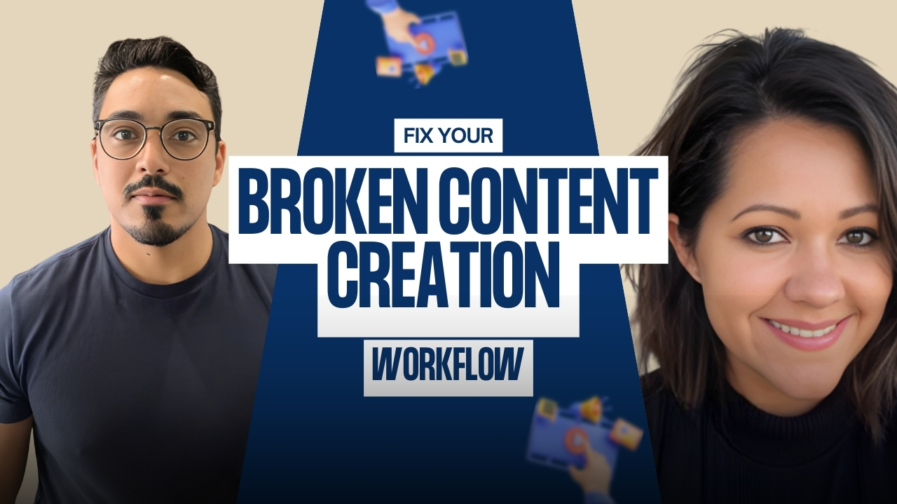 Episode 145 of CLIPPED - Northflow: A Content Management Tool Built For Podcasters w/ Northflow Co-Founders Fran and Taly Podcast thumbnail featuring Fran Melo on the left and Taly Melo with long dark hair on the right, both facing forward and smiling slightly. Bold text in the center reads 'Fix Your Broken Content Creation Workflow' in white and navy blue. Background includes a navy blue triangle with digital icons and a beige outer backdrop. They are the founders of Northflow