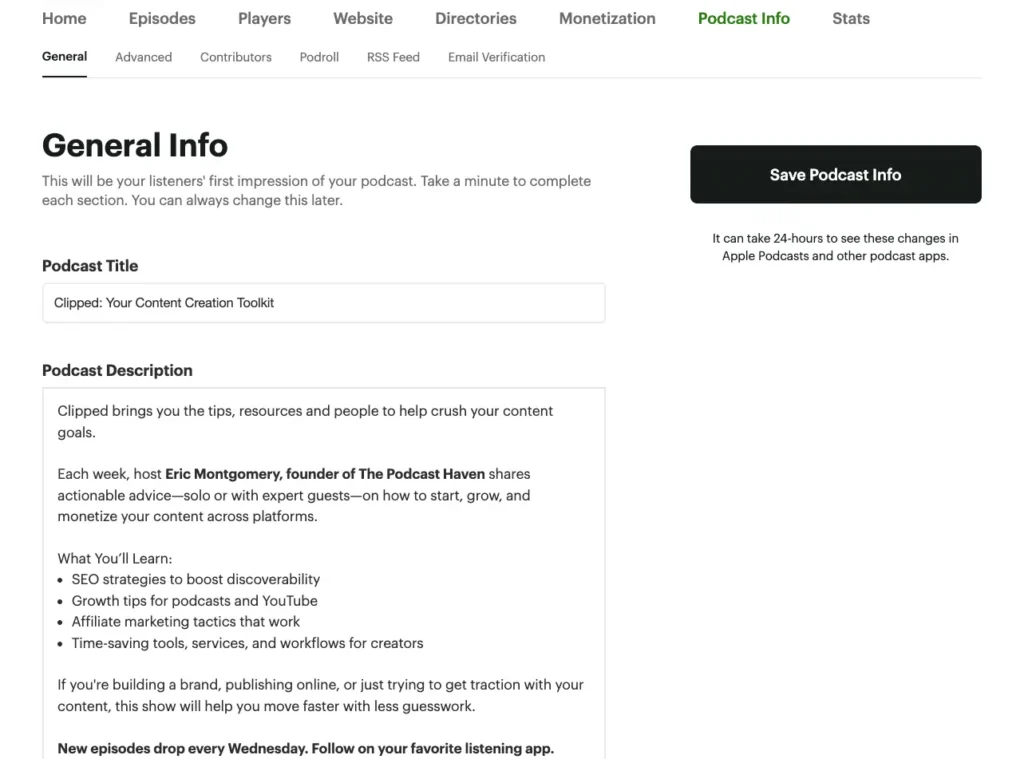 Screenshot of the podcast info settings page for “Clipped: Your Content Creation Toolkit,” showing the podcast description field in a dashboard.