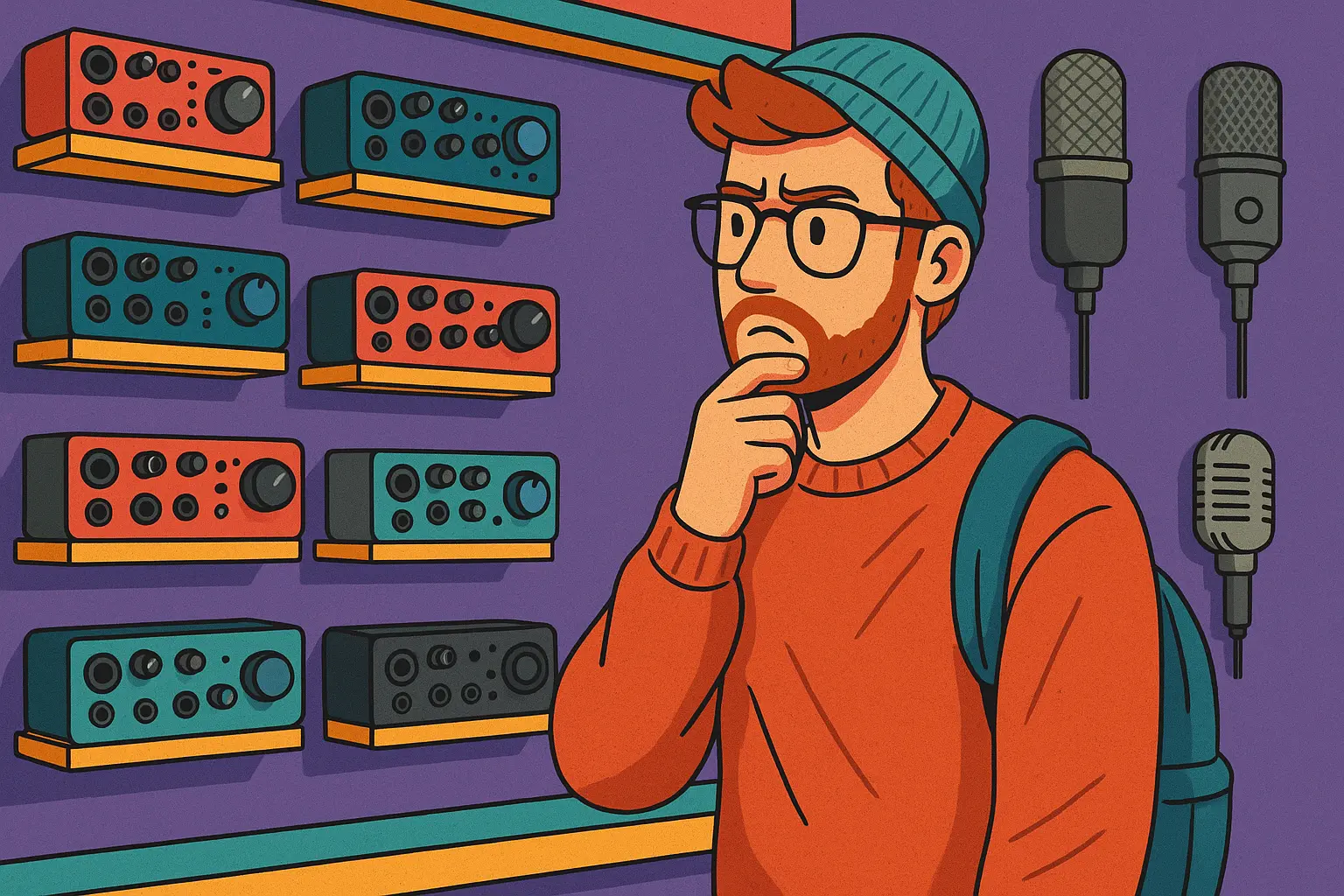 Hipster Podcaster Choosing the Best Audio Interface – 90s Retro Vibe Illustration of a young hipster man in a retro 1990s-style music store, thoughtfully examining a wall of colorful audio interfaces with various microphones displayed in the background. He's looking for the best one for podcasting