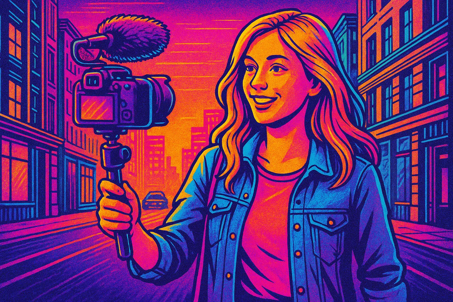 The best microphones for blogging thumbnail the podcast haven article Blonde woman vlogging in a neon-lit city using a DSLR camera with a shotgun mic on a selfie stick—capturing content for YouTube while demonstrating the best microphone for vlogging setup in a retro 90s aesthetic.