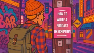 90s-style illustration of a hipster looking at a flyer on a telephone pole that reads "How to Write a Podcast Description.