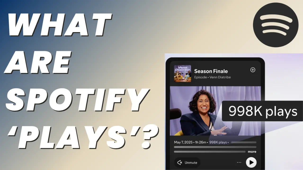 what are spotify plays a thumbnail with What Are Spotify Plays? Visual of a podcast episode on Spotify showing 998K plays, illustrating the new public-facing play count feature.