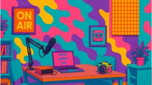 A retro-themed podcast studio with bright neon colors, a microphone, camera, laptop, and studio furniture surrounded by 90s-style wall art, vinyl records, and an "ON AIR" sign, capturing a fun, nostalgic vibe.