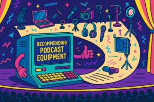 Cartoon-style 90s-themed image of a giant retro computer on a stage, recommending podcast equipment to an audience. Bright neon colors, with microphones, cameras, headphones, and studio lights illustrated in a fun, modern yet retro style.