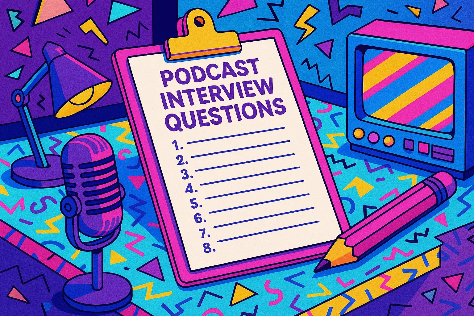 Podcast Interview Question Blog Image_The Podcast Haven '90s-themed podcast studio illustration with a clipboard titled “Podcast Interview Questions” on a vibrant retro desk.