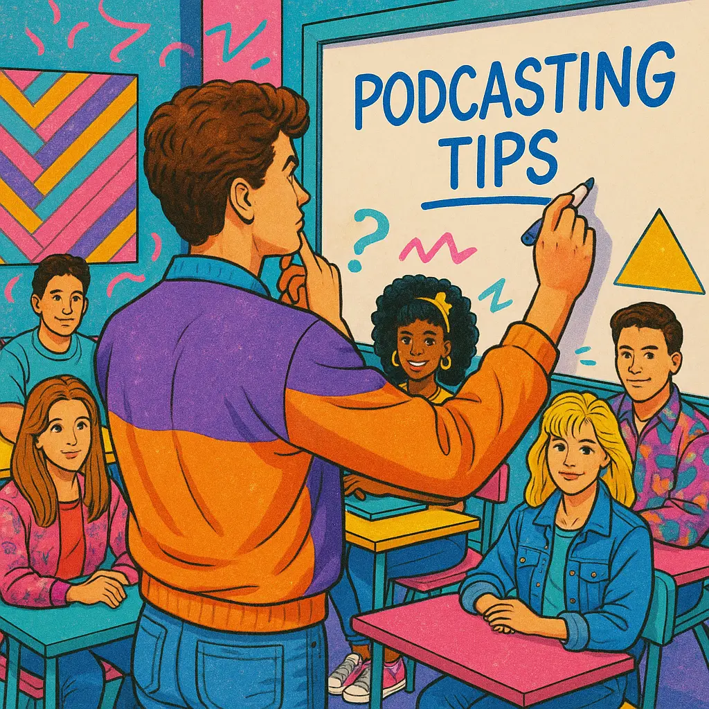 Retro 90s classroom illustration of a teacher writing podcast interview tips on a whiteboard while students listen