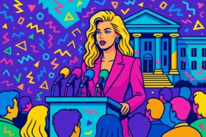 Stylized 90s-inspired illustration of a blonde female lawyer at a podium in front of a courthouse, addressing a crowd—symbolizing bold law firm podcast marketing.