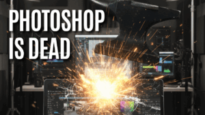 An anvil smashes into a laptop with sparks flying, symbolizing Photoshop being replaced by Google AI Studio’s Nano Banana for creating YouTube thumbnails