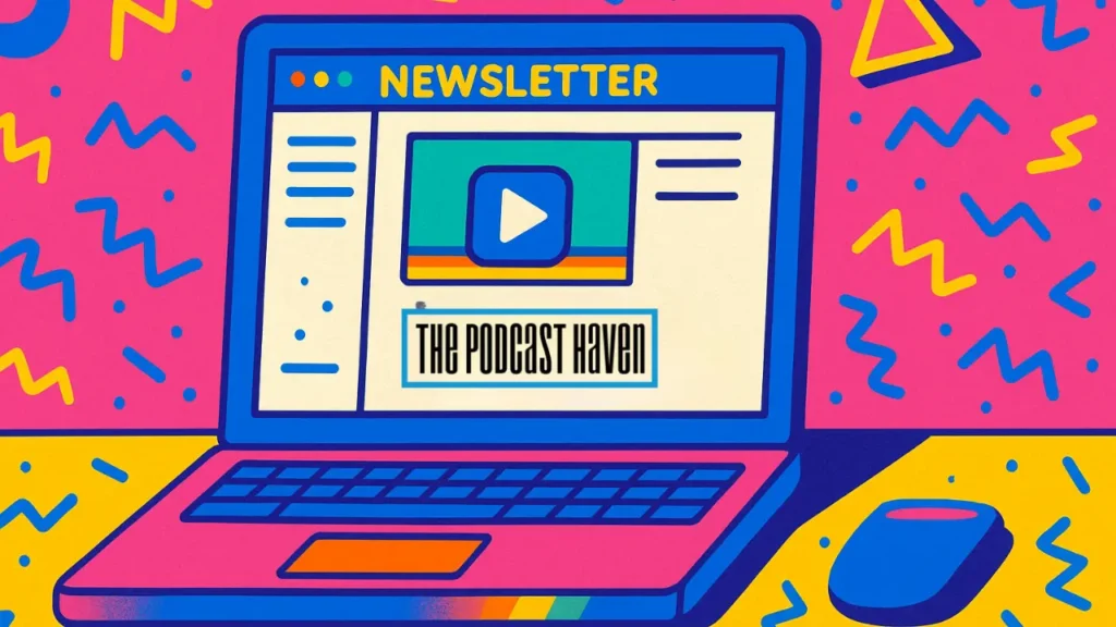 Retro 90s-style digital illustration of a laptop on a desk showing a newsletter email that promotes a podcast episode, with a large play button and bold title. Bright neon pinks, blues, and yellows with funky geometric patterns inspired by Nickelodeon and Saved by the Bell, visually representing a Podcast Attribution Strategy.