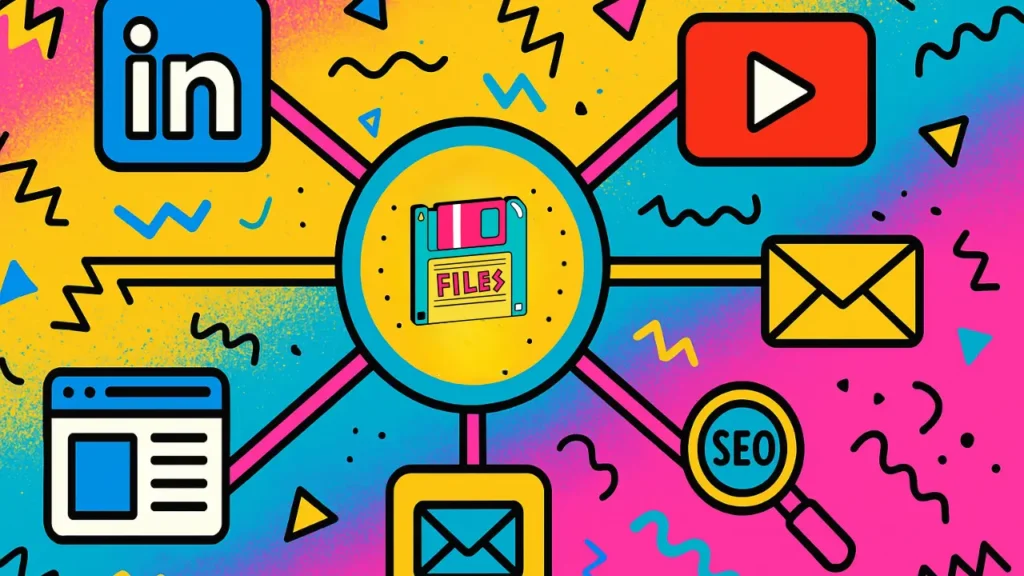 Colorful 90s-style hub-and-spoke illustration showing a floppy disk labeled “Files” at the center, connected to icons for LinkedIn, YouTube, email, blog, and SEO. Features bright neon pink, yellow, and blue geometric patterns inspired by Nickelodeon and Saved by the Bell, visually representing a Podcast Attribution Strategy.
