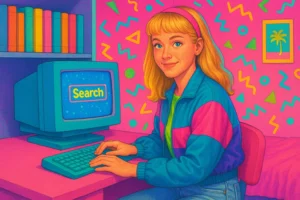 A 1990s-themed digital illustration of a blonde girl sitting at a retro computer in a neon-filled bedroom, looking toward the viewer while typing. The vibrant scene features bright pinks, blues, and greens with classic 90s patterns, capturing a nostalgic atmosphere that relates to podcast SEO and the early days of online search.