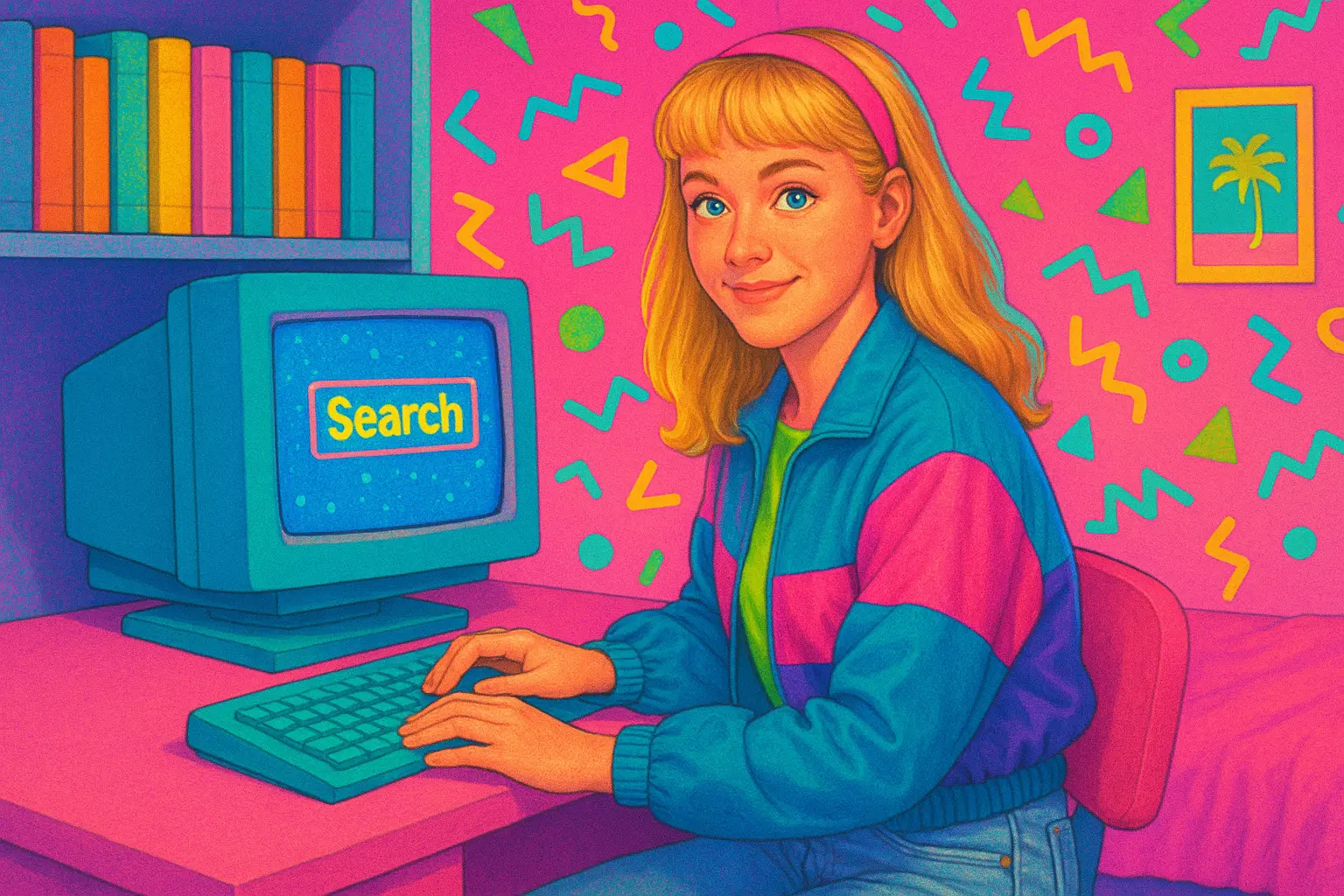 A 1990s-themed digital illustration of a blonde girl sitting at a retro computer in a neon-filled bedroom, looking toward the viewer while typing. The vibrant scene features bright pinks, blues, and greens with classic 90s patterns, capturing a nostalgic atmosphere that relates to podcast SEO and the early days of online search.