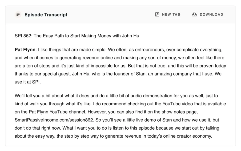 Screenshot of an Episode Transcript section from a Pat Flynn SPI podcast page, showing the introduction to episode 862 with guest John Hu and options to open the transcript in a new tab or download it