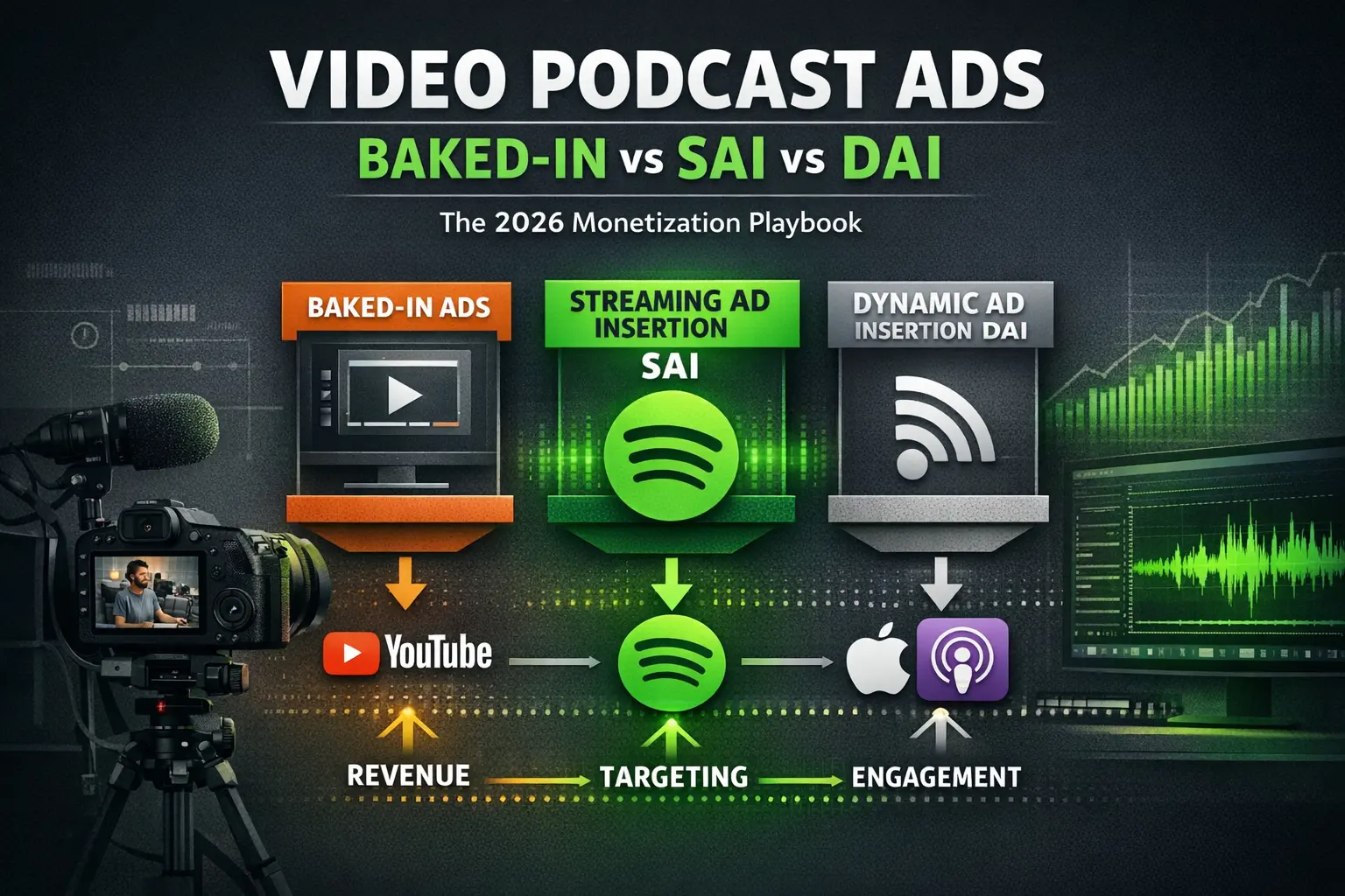 Infographic explaining baked-in ads, SAI, and DAI for a spotify video podcast, showing how each ad format connects to platforms like YouTube, Spotify, and Apple Podcasts.