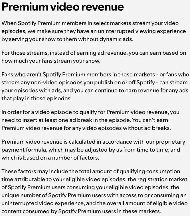 Screenshot explaining how Premium video revenue works for creators on Spotify, describing how Spotify Premium members stream video episodes without dynamic ads and how revenue is calculated for a spotify video podcast based on consumption and ad break placement