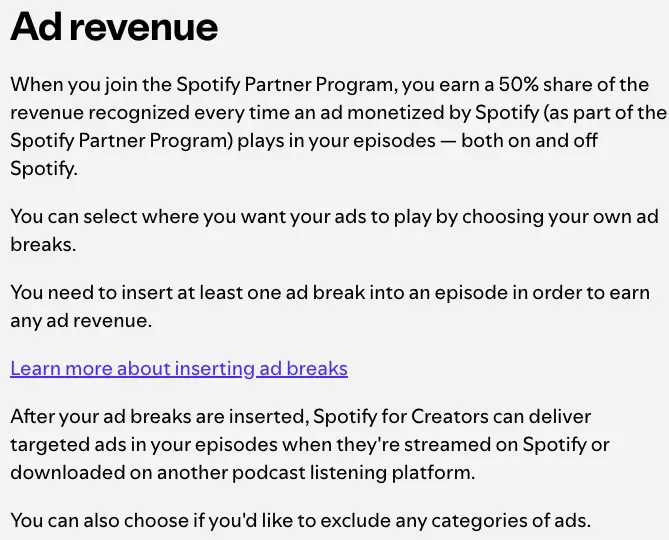 Screenshot explaining how creators earn ad revenue through the Spotify Partner Program, outlining the 50% revenue share, ad break placement requirements, and how targeted ads are delivered for a spotify video podcast